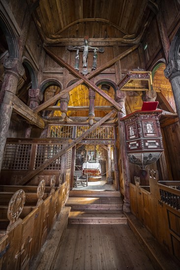 Interior and altar of the Urnes Stave Church