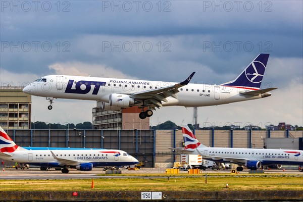 An Embraer 190 of LOT Polskie Linie Lotnicze with the registration SP-LMD at London City Airport