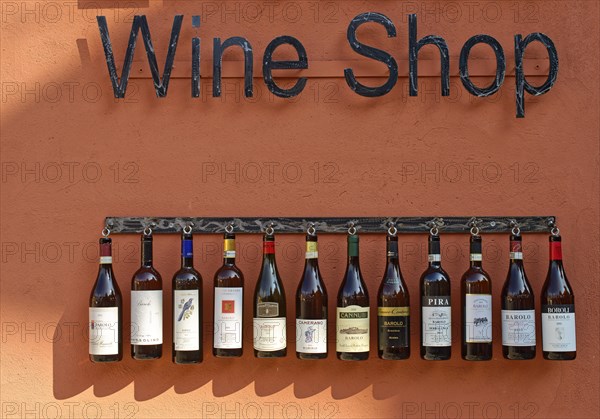 Wine bottles on the wall of an enoteca in Barolo