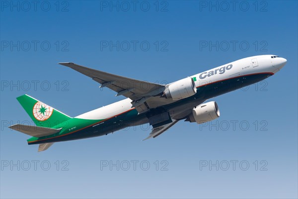 A Boeing 777-F aircraft of Eva Air Cargo with registration number B-16781 at Hong Kong Airport