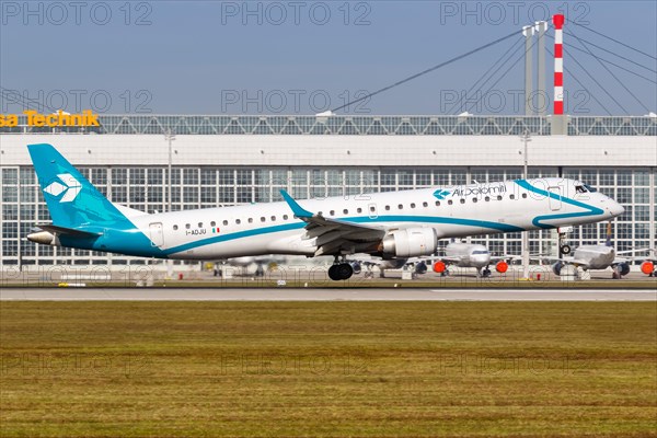 An Embraer ERJ 195 aircraft of Air Dolomiti with registration number I-ADJU at Munich Airport