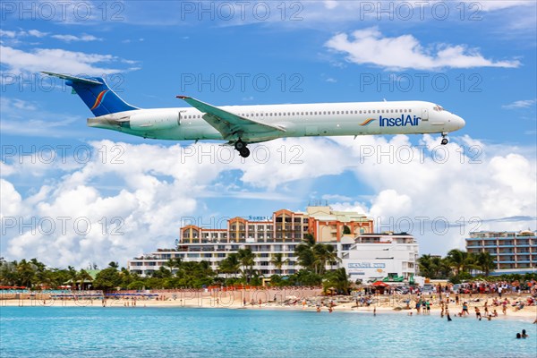 A McDonnell Douglas MD-83 of Insel Air with the registration PJ-MDF at the airport of St. Maarten