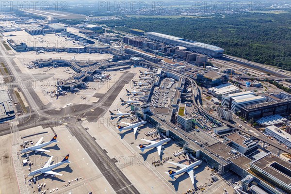 Aerial view Terminal 1 and Lufthansa aircraft at Frankfurt FRA Airport during the Corona Virus COVID-19 in Frankfurt