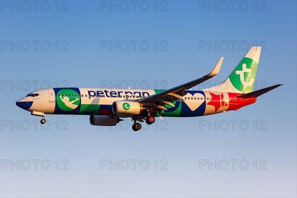 A Transavia Boeing 737-800 with the registration number PH-HSI with the special livery Peter Pan at Athens Airport
