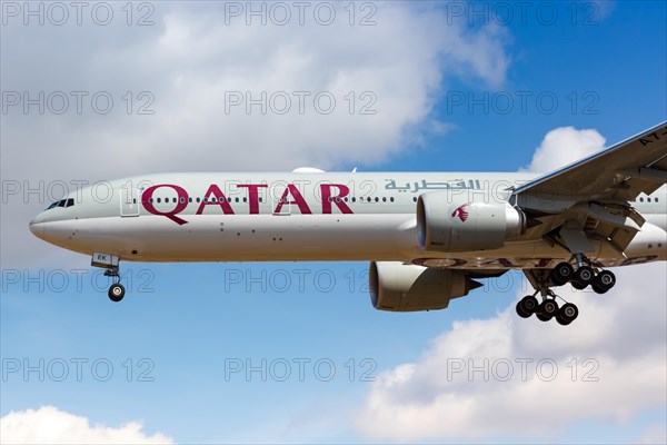 A Qatar Airways Boeing 777-300ER aircraft with registration number A7-BEK at London Heathrow Airport