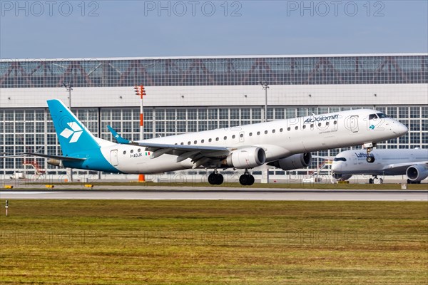 An Embraer ERJ 195 aircraft of Air Dolomiti with registration number I-ADJK at Munich Airport