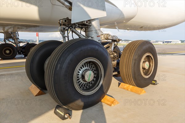 An Airbus A330-300 aircraft landing gear of Swiss with the registration HB-JHE at Zurich Airport