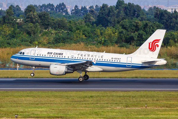 An Air China Airbus A319 aircraft with registration number B-6047 at Chengdu Airport