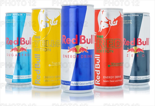 Red Bull Energy Drinks Products Lemonade Soft Drink Beverages In Drink Can Free Plate Against White Background