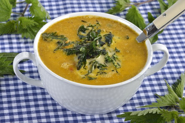 Potato soup with roasted nettles and dandelion