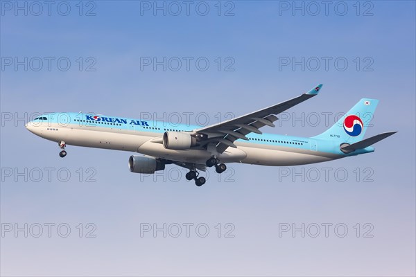 A Korean Air Airbus A330-300 with registration number HL7710 lands at Seoul Incheon International Airport