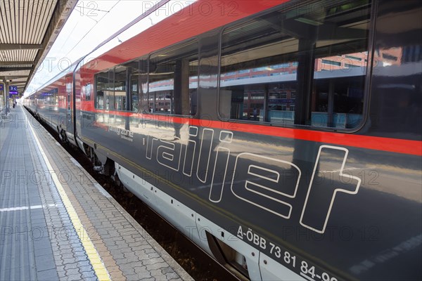 OeBB RailJet logo train station Innsbruck main station in Austria Austrian Federal Railways