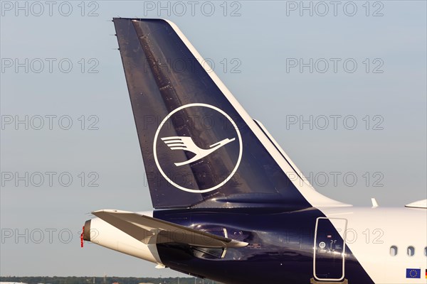 A Lufthansa Airbus tail unit with the crane logo at Frankfurt Airport