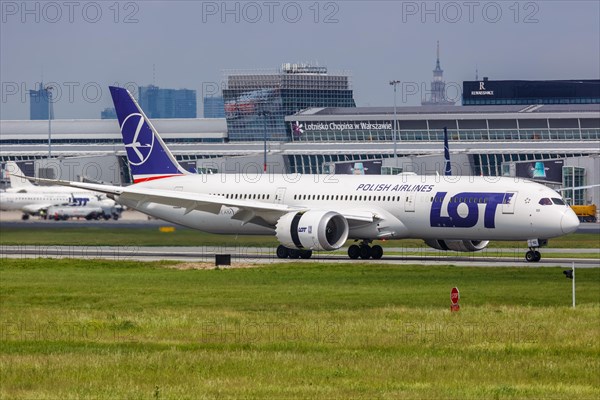A Boeing 787-9 Dreamliner aircraft of LOT Polskie Linie Lotnicze with registration SP-LSD at Warsaw Airport