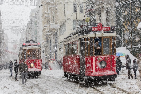 Tram under sleet on Istiklal Street