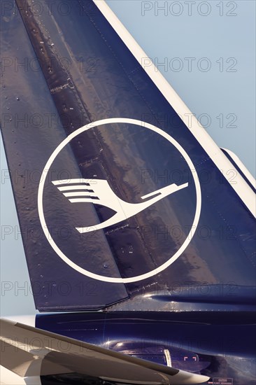 A Lufthansa Airbus tail unit with the crane logo at Frankfurt Airport