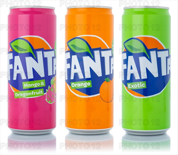 Fanta lemonade soft drink beverages in beverage cans cutout on white background