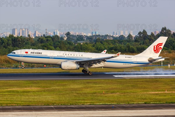 An Air China Airbus A330-300 aircraft with registration number B-5957 at Chengdu Airport