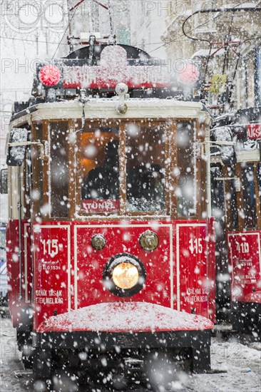 Tram under sleet on Istiklal Street