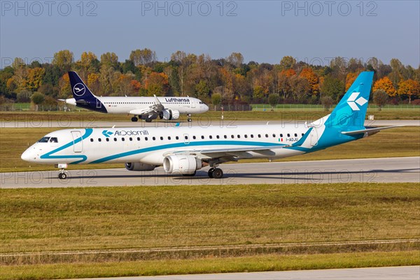 An Embraer ERJ 195 aircraft of Air Dolomiti with registration number I-ADJU at Munich Airport