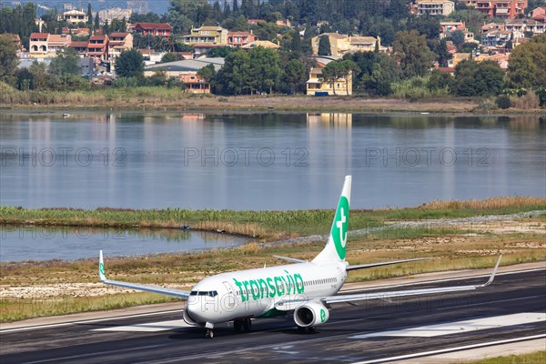 A Transavia Boeing 737-800 with registration number PH-HXJ at Corfu Airport