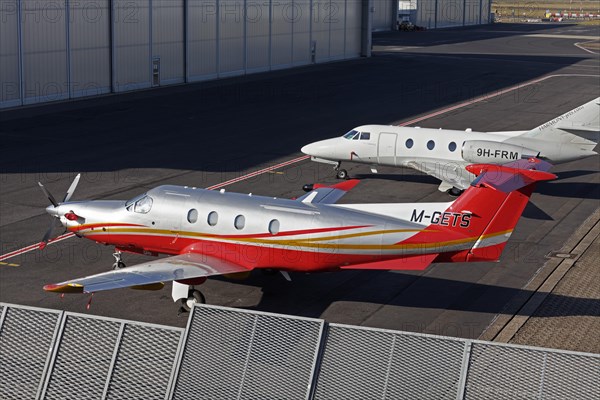 Pilatus PC-12/47E single-engine turboprop business jet at the Jet Aviation Executive Terminal