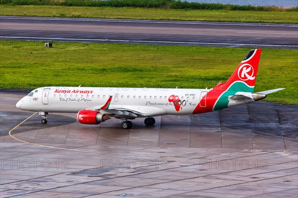 An Embraer 190 aircraft of Kenya Airways with registration number 5Y-FFC at Mahe Airport