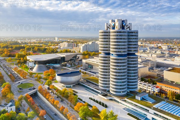 Munich BMW World headquarters skyline aerial view city architecture travel skyscraper