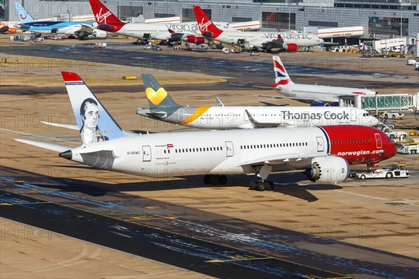 A Norwegian Air United Kingdom Boeing 787-9 with registration G-CKWC at London Gatwick Airport
