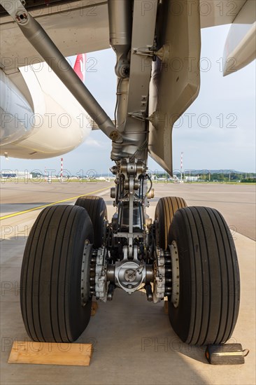 An Airbus A330-300 aircraft landing gear of Swiss with the registration HB-JHE at Zurich Airport