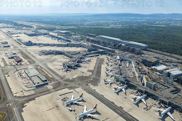 Aerial view Terminal 1 and Lufthansa aircraft at Frankfurt FRA Airport during the Corona Virus COVID-19 in Frankfurt