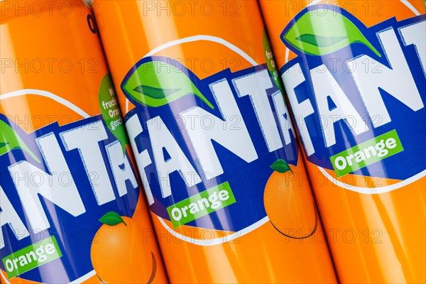 Fanta Orange lemonade soft drink beverage in beverage can background