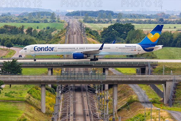 A Boeing 757-300 aircraft of Condor with registration number D-ABOM at Leipzig/Halle Airport