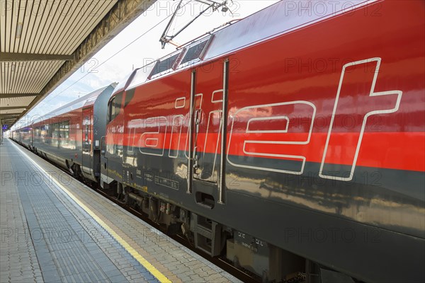 OeBB RailJet logo train station Innsbruck main station in Austria Austrian Federal Railways