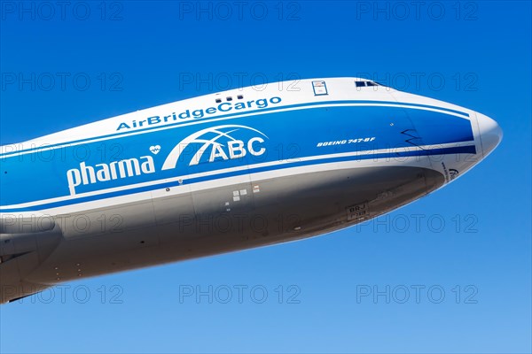 A Boeing 747-8F aircraft of AirBridgeCargo with registration VQ-BRJ at Frankfurt Airport