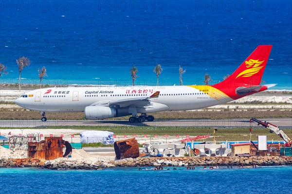 An Airbus A330-200 aircraft of Capital Airlines with registration number B-8019 at Male airport