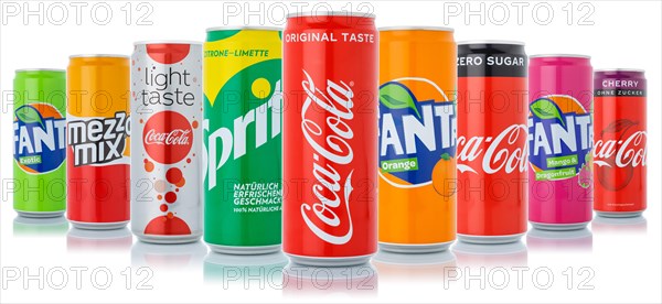 Coca Cola Coca-Cola products Fanta Sprite lemonade drinks in beverage can exempted isolated