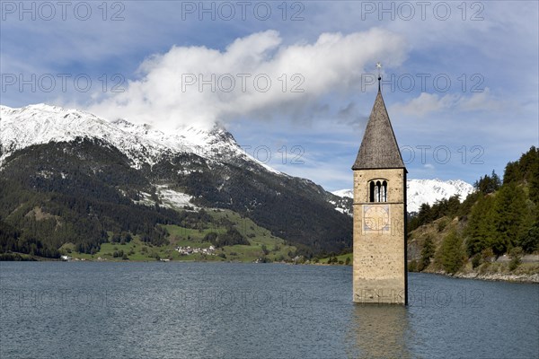 Tower of the parish church of St. Catherine in the Reschensee