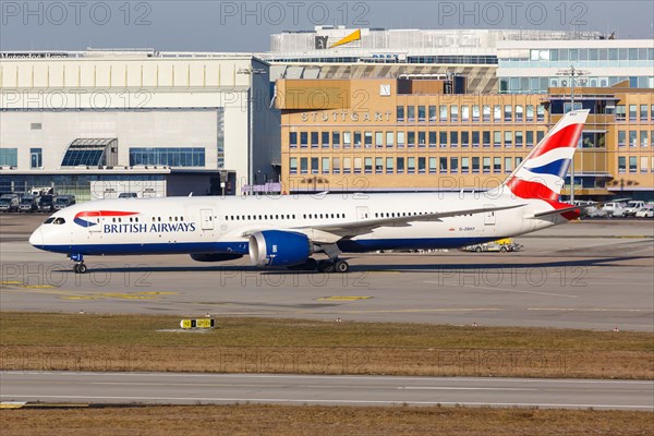 A British Airways Boeing 787-9 Dreamliner aircraft with registration G-ZBKF at Stuttgart Airport