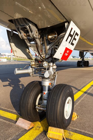 An Airbus A330-300 aircraft landing gear of Swiss with the registration HB-JHE at Zurich airport