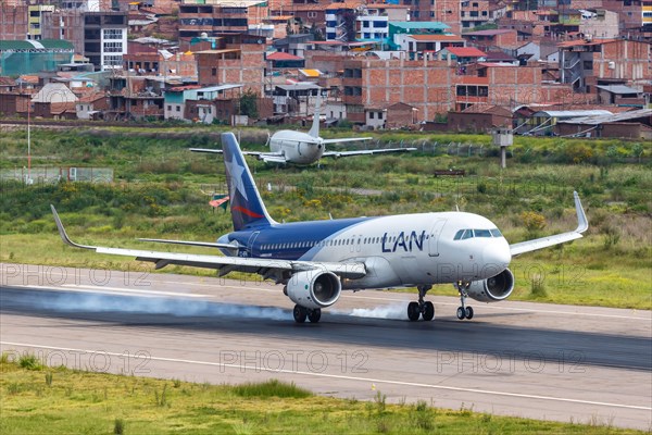 An Airbus A320 of LAN with the registration CC-BFN at Cuzco Airport
