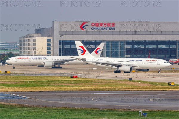 Airbus and Boeing aircraft of China Eastern Airlines at Shanghai Airport