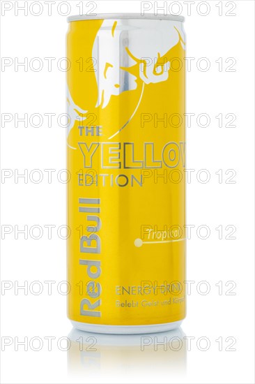 Red Bull Energy Drink The Yellow Edition Tropical lemonade soft drink beverage in can cropped isolated against a white background in Germany