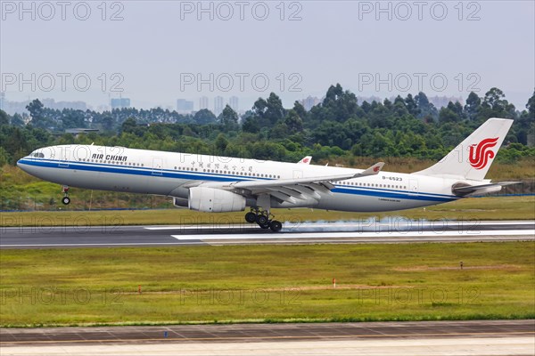 An Air China Airbus A330-300 aircraft with registration number B-6523 at Chengdu Airport