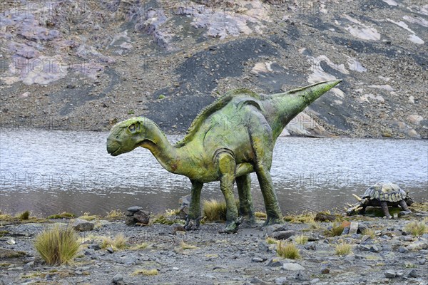 Life-size figure of a dinosaur at the highest site in the world