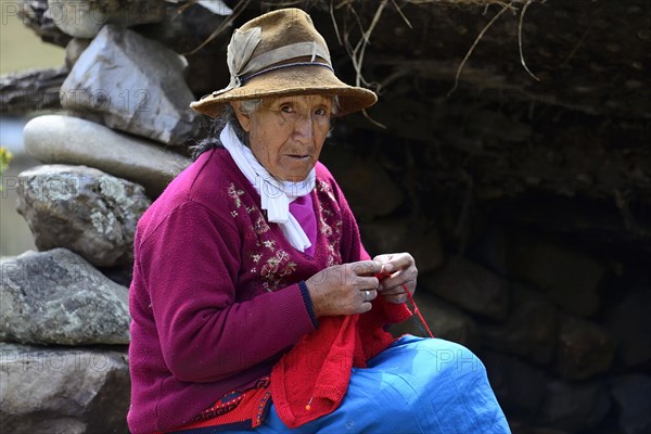 Indigenous old woman knitting