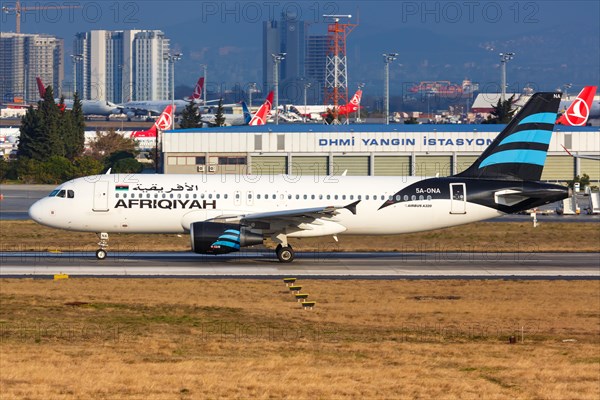 An Airbus A320 aircraft of Afriqiyah Airways with registration number 5A-ONA at Istanbul airport