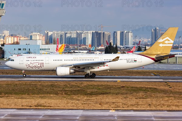 An Airbus A330-200 aircraft of Libyan Airlines with registration number 5A-LAU at Istanbul airport