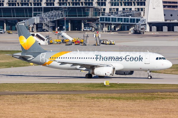 A Thomas Cook Airbus A320 with registration LY-VEI at Stuttgart Airport