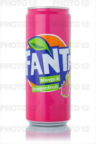 Fanta Mango Dragonfruit Lemonade soft drink drink in can cropped isolated against a white background in Germany